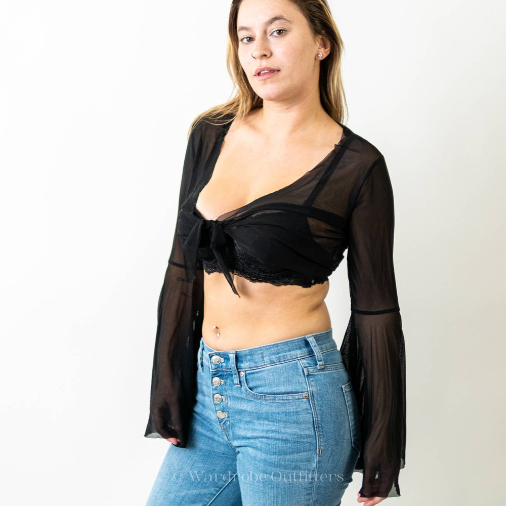 Goth Sheer Black Flounce Sleeve Wrap Top - Picture 8 of 9